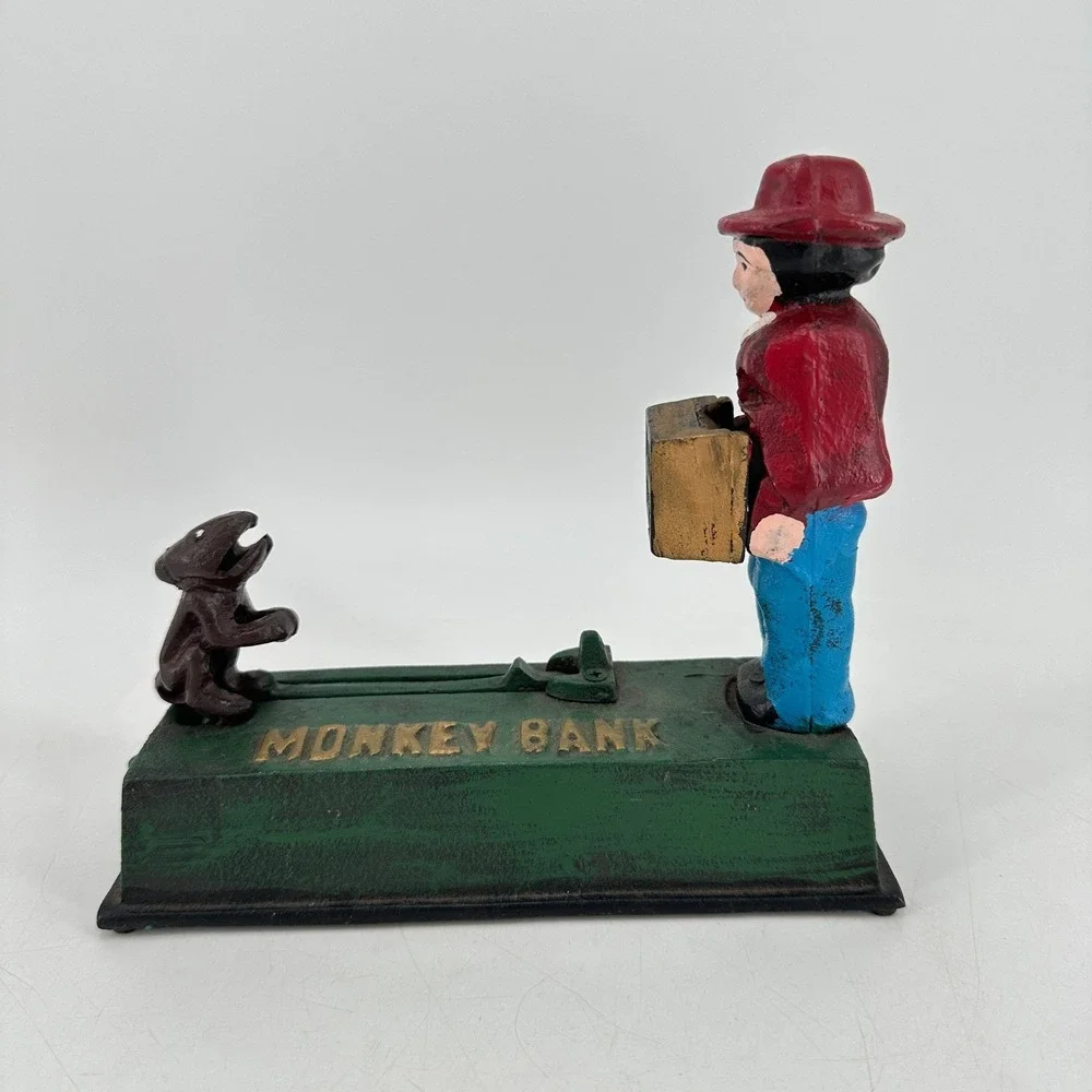 Vintage Style Cast Iron Monkey Bank Mechanical Coin Bank Red Green Hand Painted